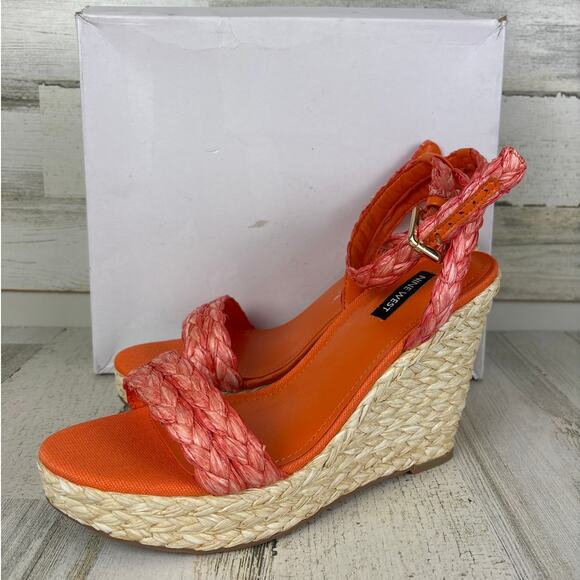 Nine West womens 10 orange espadrille woven Henri Round Toe Woven Wedge Sandals - Picture 1 of 7